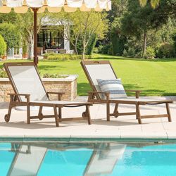 HDPS Outdoor Wicker Lounge Chaise with 5-position Adjustable Back, Teak Color (Set of 2)