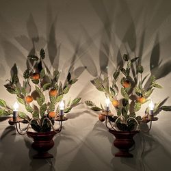 Pair of Rare 1950s French Tole Orange Tree Wall Sconces