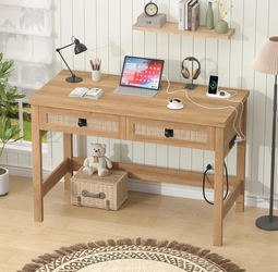 Rattan Computer Desk with 2 Drawers, 39 Inch