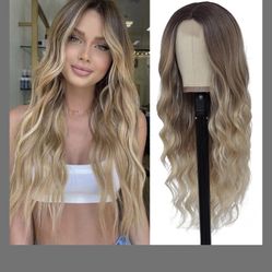 HMHIFI Long Ombre Blonde Wigs For Women 26 Inch Long Wavy Middle Part Wig Ombre Blonde Wigs Upgraded Protein Fiber Hair Replacement Wig Cosplay Costum