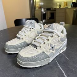 Louis Vuitton LV Trainer Sneaker – White/Grey Monogram Flower Mesh & Leather Low-Top (size 8-9)