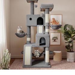 65in Larger Cat Tree Tower Condo for Indoor Cats, Multi-Level Furniture Activity Center with Wide Base/Cozy Plush Cat Perches/Baskets/Sisal S