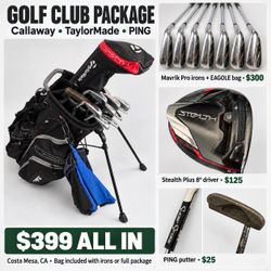 Callaway Mavrik Pro Irons + Bag, Taylor Made Stealth Plus Driver & PING Putter