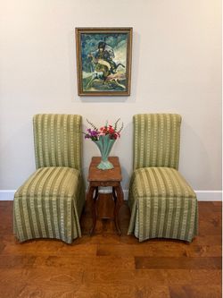 Set of beautiful skirted dining chairs Green velvet stripe & gold threaded design