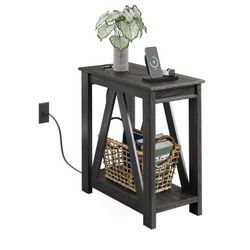 WLIVE Narrow End Table with Charging Station of Open Storage Shelf, Sofa Side Table with 2 USB Ports and 2 Power Outlets, Slim Farmhouse End Table for
