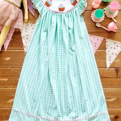 SIZE 6 GIRLS BOUTIQUE MINT & WHITE GINGHAM SMOCKED CUPCAKE BISHOP DRESS