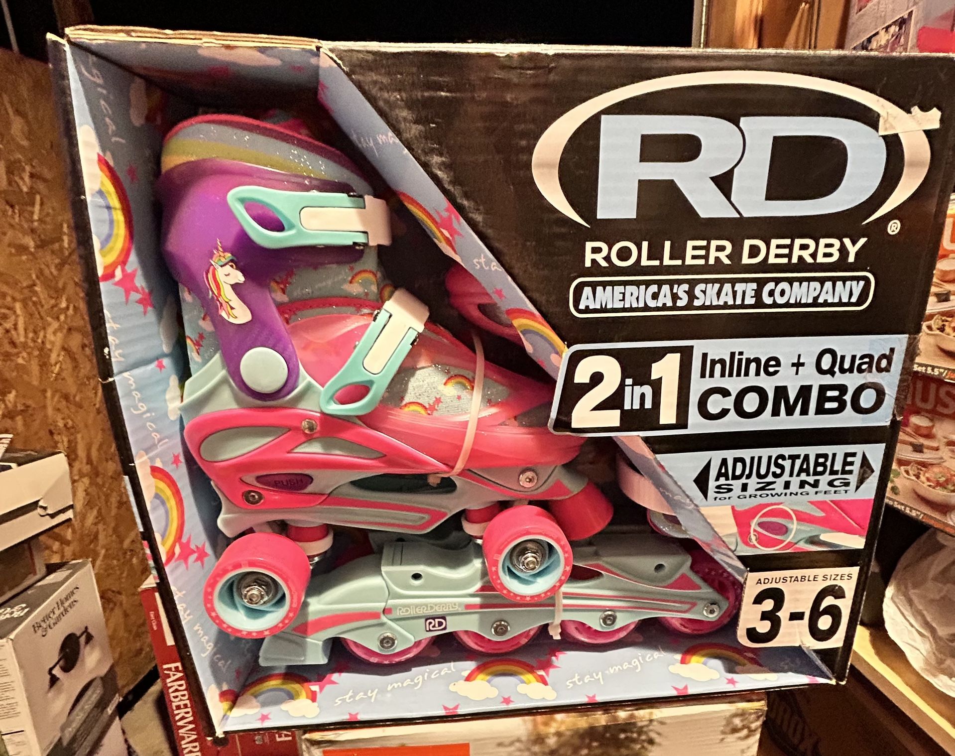 Roller Derby Unicorn 2-in-1 Roller and Inline Adjustable Skates (Size 3-6)