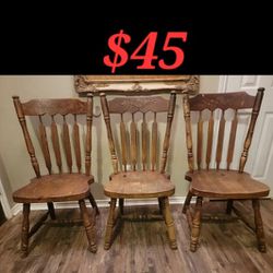 3 Old Solid Wood Kitchen Chairs 