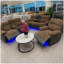 modern power 3 piece reclining sofa set with led lighting