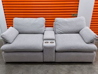 Living Spaces Jolene 98in Power Reclining Console Loveseat Grey Cup Holders USB