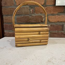Vintage Boho Bamboo Box Handbag Purse Curved Front Bentwood Handle Hinged Top