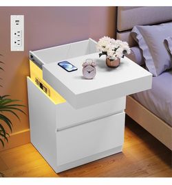 VASAGLE White Nightstands, Charging Station, LED Lights,2 Drawers Bedside Table, 2 AC Outlets, 2 USB Ports, 18.9 x 15.7 x 26.8 Inches, Cloud White, KA