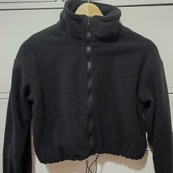 Black Cropped Fleece Zip-Up Jacket