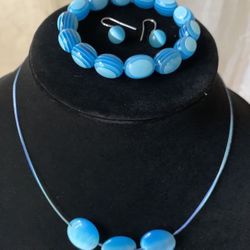 Set Of 3 Elegant Custom Jewelry, Necklace , Earrings , Bracelet . Blue
