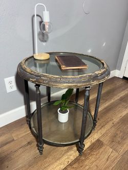 Vintage Glass & Metal Round Side Table - Project  or functional as is / Distressed