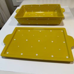 9x13 Bakeware Ceramic 4 Piece Yellow Polka Dot