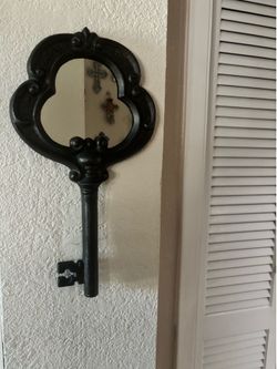 Vintage ornate skeleton key wall mirror- Black cast metal