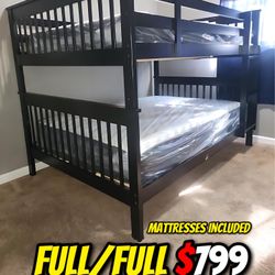 Full/Full Black Wooden Bunk bed w. Ortho Mattresses Included 