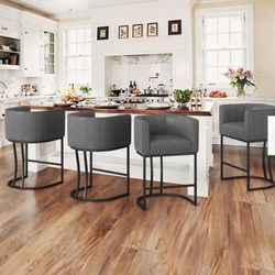 Siska 26 in.Modern Dark Gray Faux Leather Upholstered Counter Stool with Black Metal Frame Barrel Bar Stools