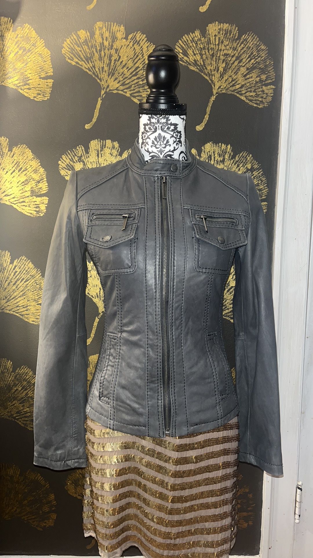 Michael Kors Gray 100% Leather Motorcycle Bomber Jacket