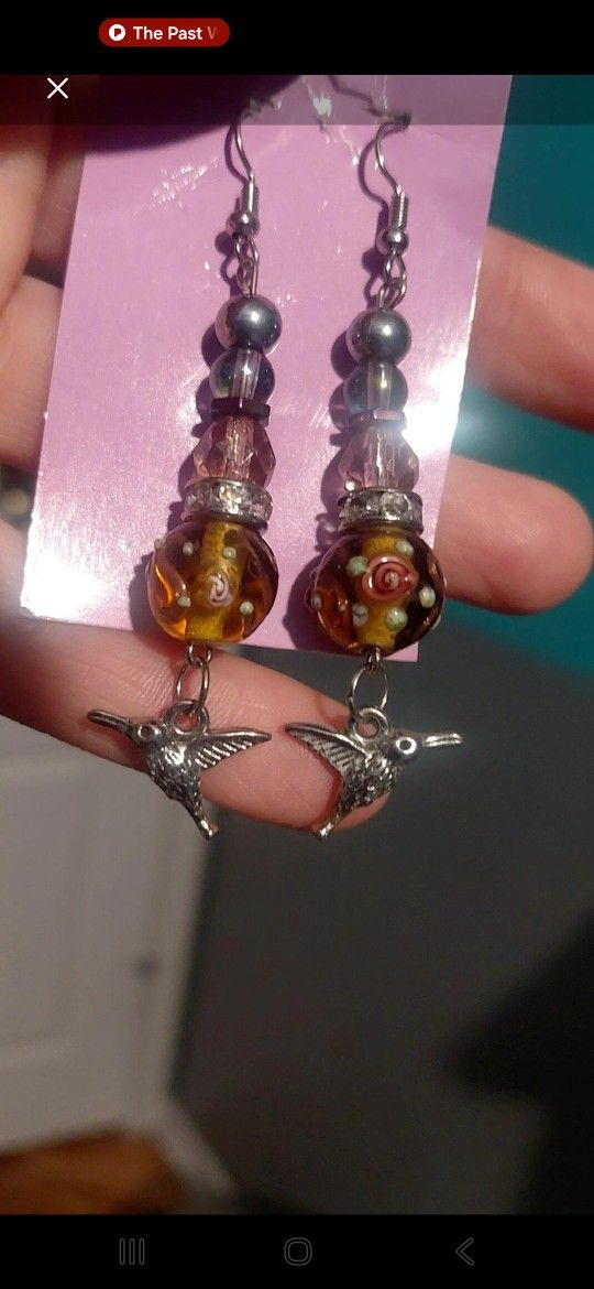 Handmade Beaded And Hummingbird Charmed Earrings