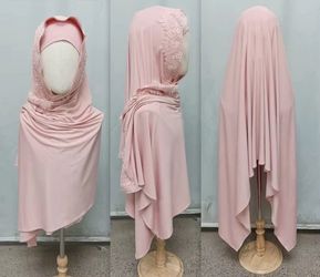 Pastel Pink Lace Hijab with Under Cap Included – High-Quality Modal Jersey