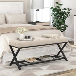 X Legs Linen Fabric Upholstered Bedroom Bench 45 in. W End of Bed Entryway Bench with Shoe Shelf