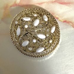 Gold Tone Brooch With White Bead Pattern 