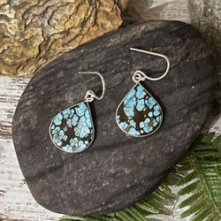 Teardrop Natural Genuine Turquoise Gemstone Sterling Silver Earrings