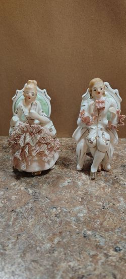 Vintage Porcelain Lace Figurine Pair-Seated Colonial Courtier Man and Lady