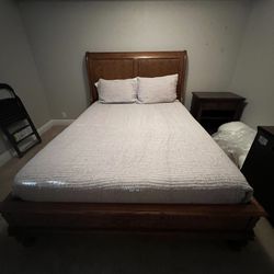 Queen Size Walnut Sleigh Bed with Queen Size Mattress and Box Spring