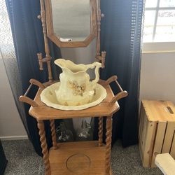 Antique wash stand with picture and wash basin