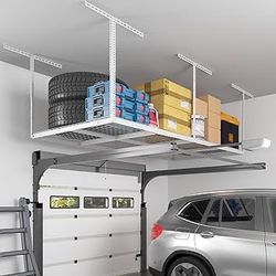 4x8 Overhead Garage Ceiling Storage Rack Organization, White 750lbs Weight Capacity, 22"-40" Adjustable Organization System, Heavy-Duty Metal Ceiling