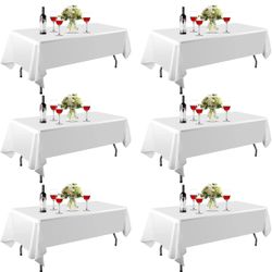 6 Pack Rectangle Table Cloth, 90 x 132 inch White 100% Polyester Thickened Fabric for 8 Foot Banquet Wedding Party Rectangular Tablecloths