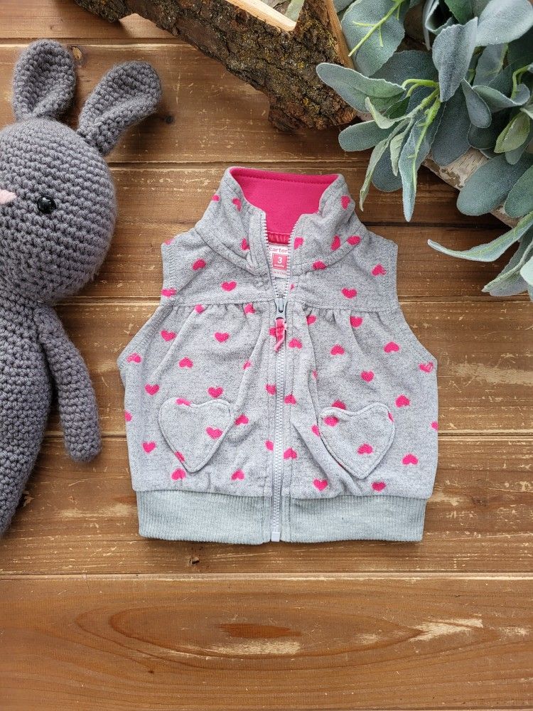 3MOS GRAY FUSCHIA HEARTS FLEECE FRONT ZIP VEST