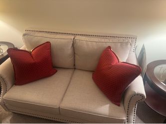 Modern Beige Sofa & Loveseat Set with Nailhead Trim & Accent Pillows