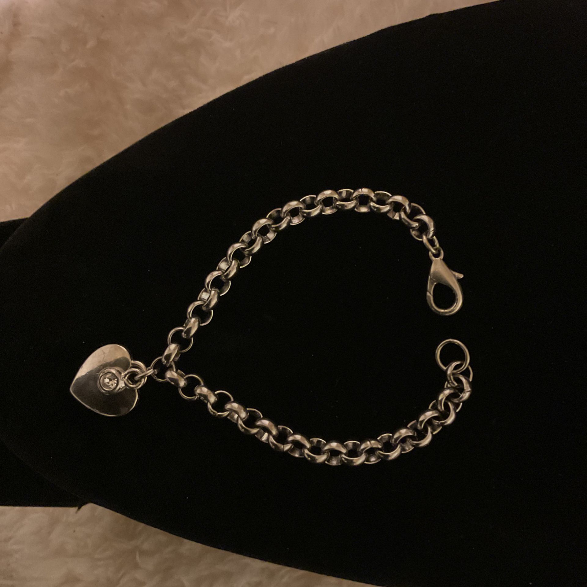 Solid Silver Link Charm Bracelet With Heart Charm/rhinestone 
