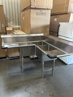 New stainless steel 3 compartment sink L shape corner sink 18x18”