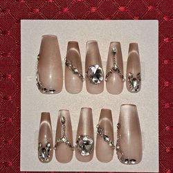 Press-On Nails | X-Long Coffin | Beige Cateye Tips w/ Bling (#1)