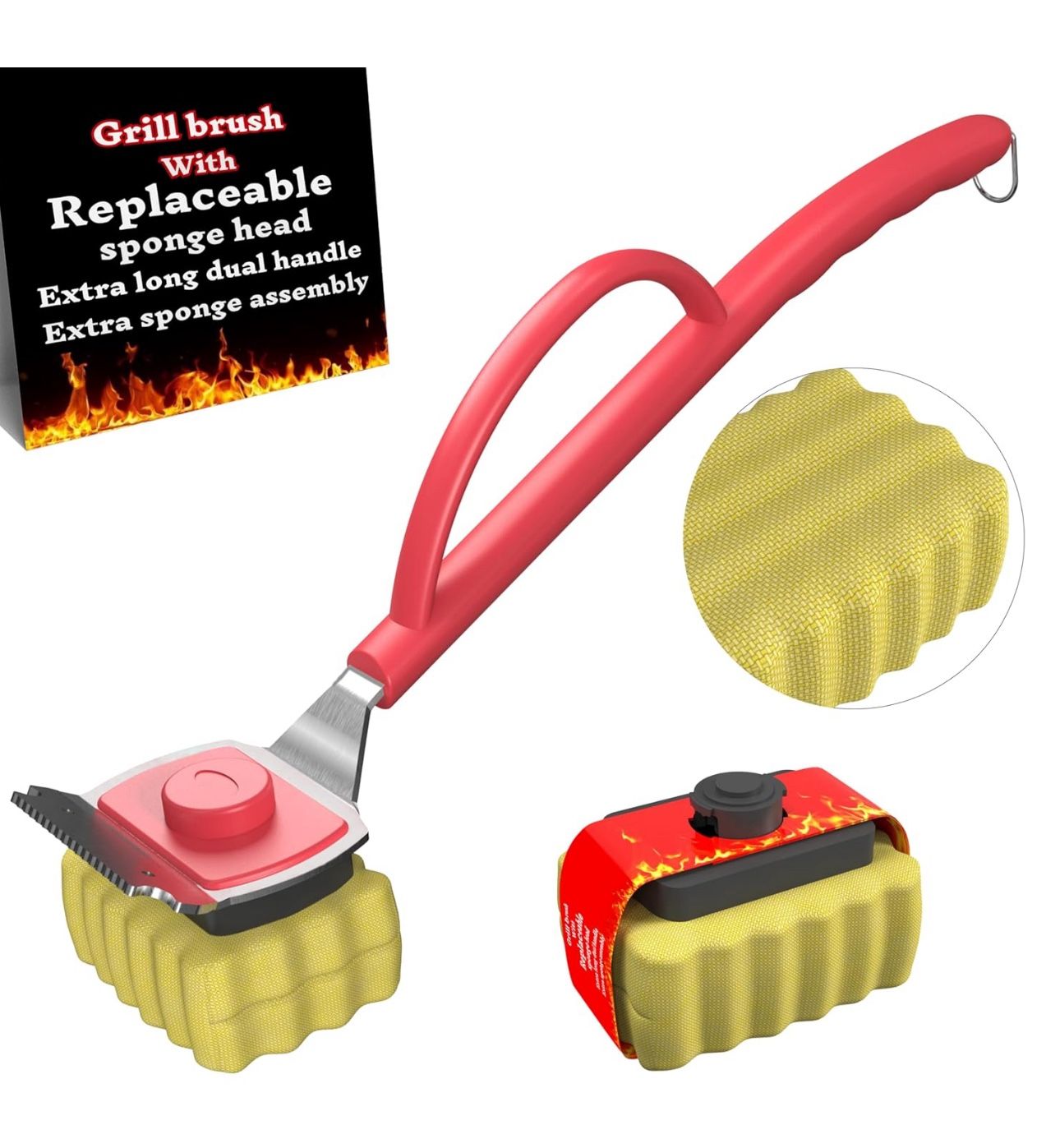 Steam Grill Brush for Outdoor with 2 Replacement Sponge Head Cleaning Kit, Bristle-Free,Safe Non-Metal Grill Steam Cleaner