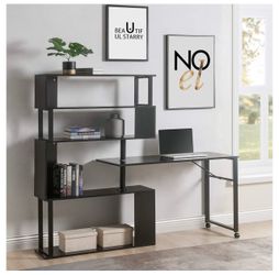 Computer Desk L-Shaped Corner Table, Rotating with 5-Story Bookshelf
