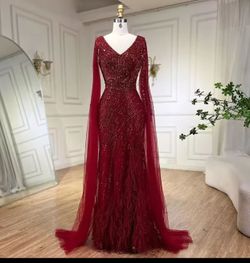 Small, Red Feathered Dress With Long Length Sleeves
