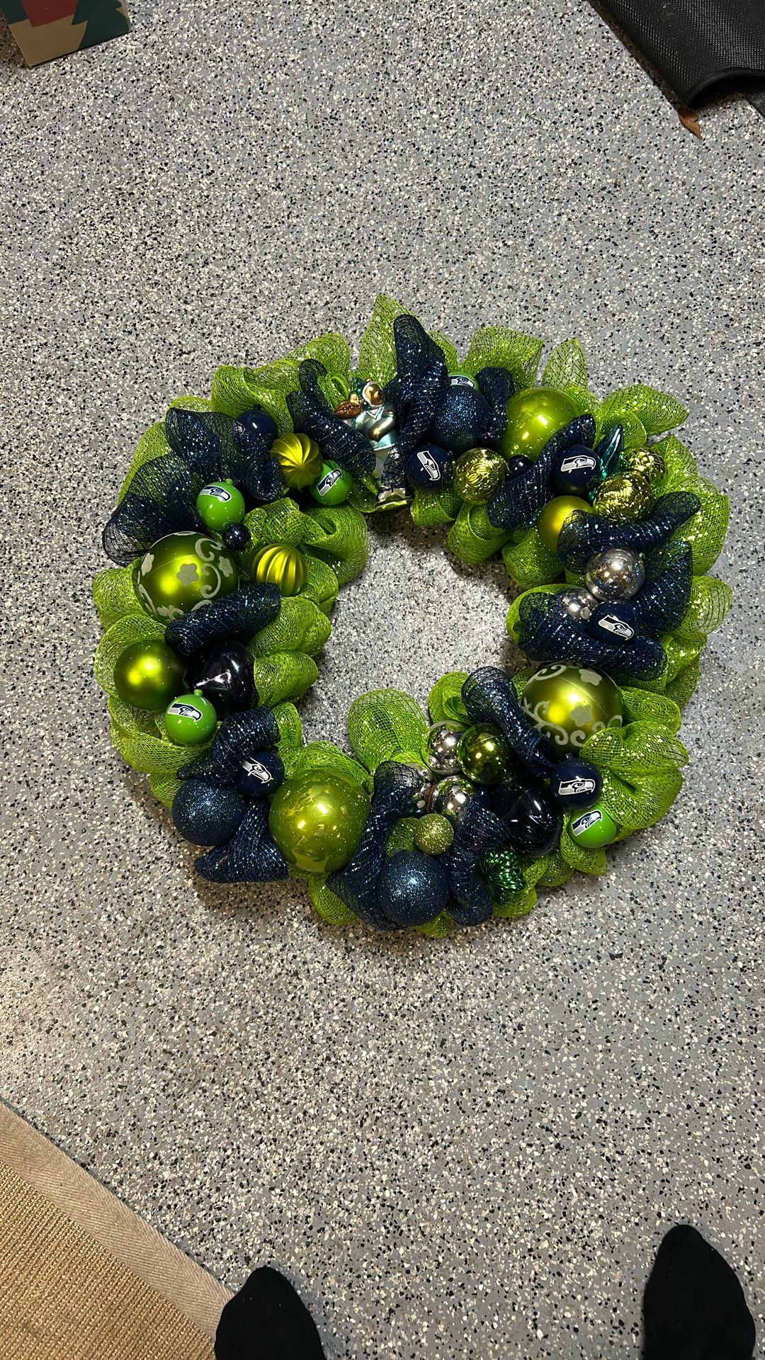 Handmade Big 25”  Football Season & Christmas Seahawks Huge Front Door Wreath 25” indoor outdoor Shatterproof Balls That Look Like Glass 