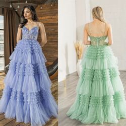 New With Tags Ruffled Layered Tiered Corset Bodice Long Formal Dress & Prom Dress $299