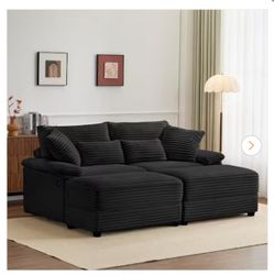 Trix Black Corduroy Upholstered Double Chaise Lounge with Storage Ottomans, USB Port