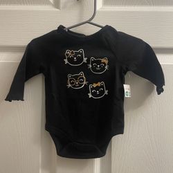 Brand New Baby Girl Black Cat Face Print Bodysuit Size 0-3 Months 