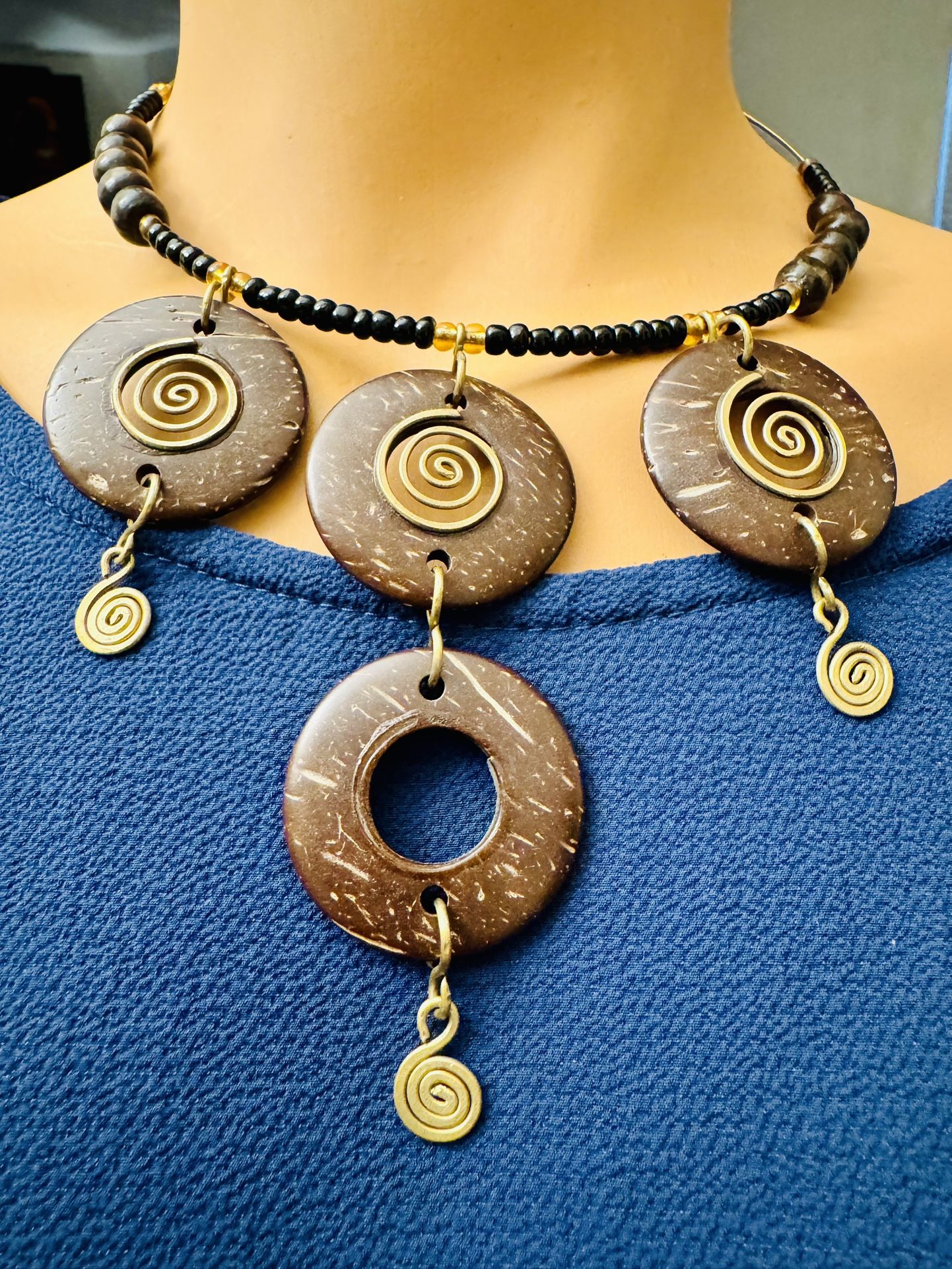 Bib Bohemian Necklace Wood Beads w Brass Metal Accents Ethnic Tribe Gift Hangs 9 Inch