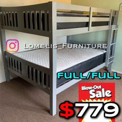 Full/Full Gray Wooden Bunk bed w. Ortho Mattresses Included 