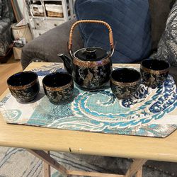 Vintage Black Peacock Tea Set 5 Piece 
