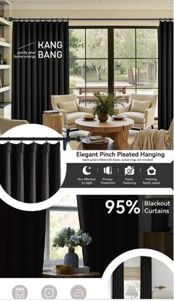 KangBang Black Pinch Pleat Blackout Curtains 120 Inches Long for Living Room